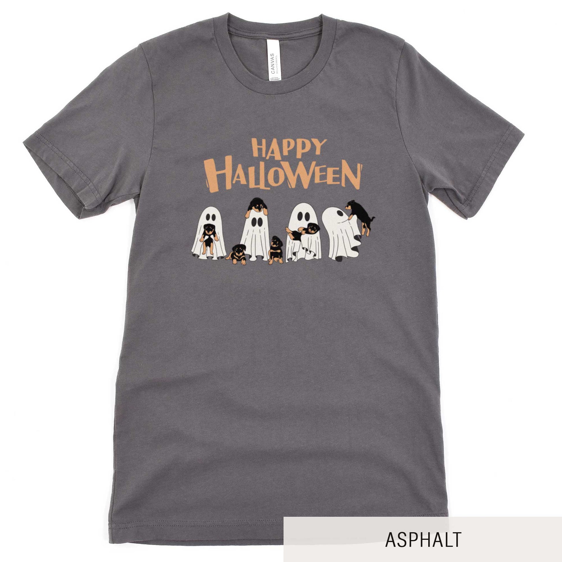 An asphalt Bella Canvas t-shirt featuring four ghosts holding Beauceron puppies.