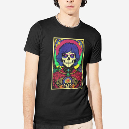 A man wearing a black Bella Canvas t-shirt featuring a psychedelic pop art illustration of Death.