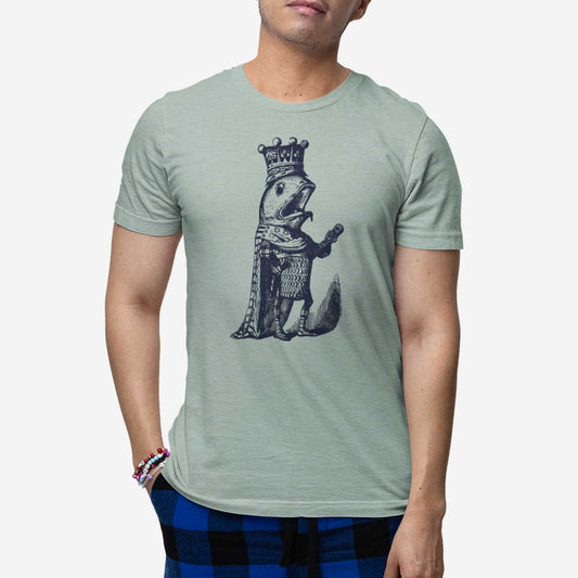 A man wearing a heather dusty blue Bella Canvas t-shirt featuring a vintage illustration of a talking fish dressed in the royal robes of a king.