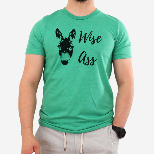 A man wearing a heather kelly Bella Canvas t-shirt featuring a donkey and the words wise ass.