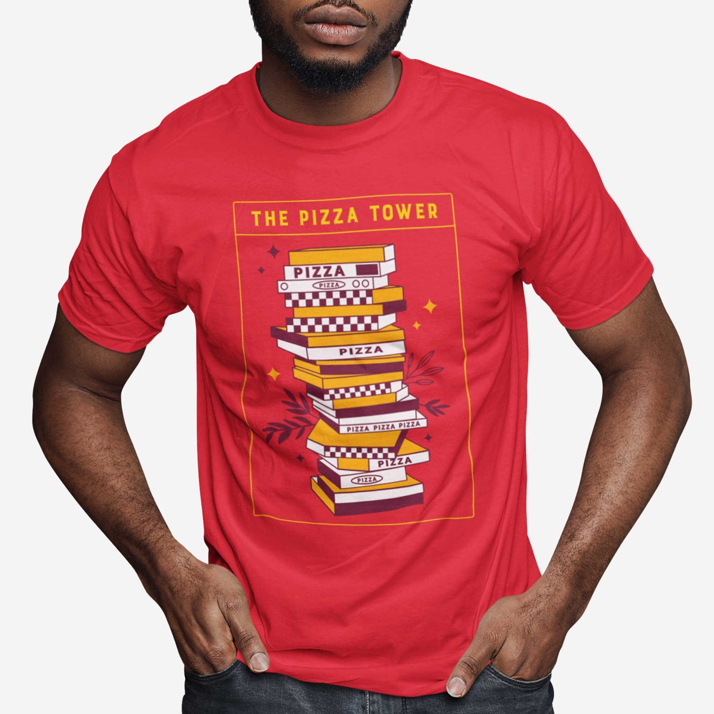 A man wearing a red Bella Canvas t-shirt featuring a modern tarot card of the Tower as instead a stack of pizzas.