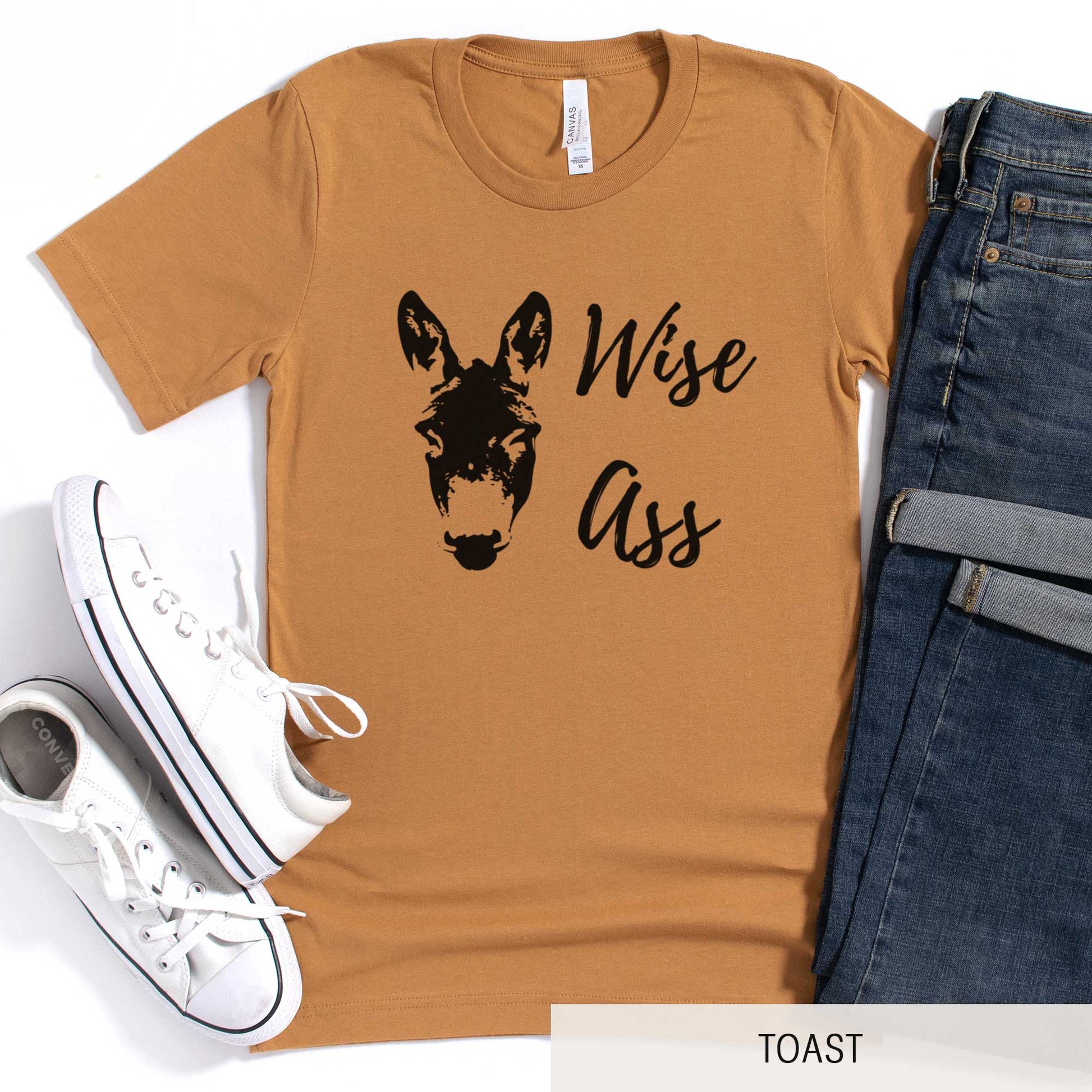 A toast Bella Canvas t-shirt featuring a donkey and the words wise ass.