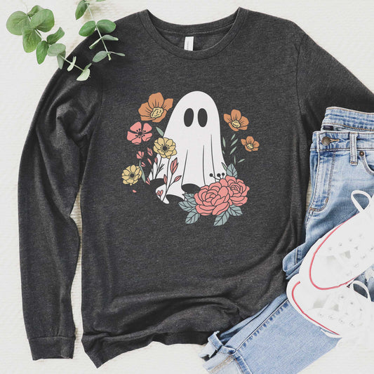 A long sleeve charcoal black triblend Bella Canvas t-shirt featuring a cartoon ghost with flowers around it.