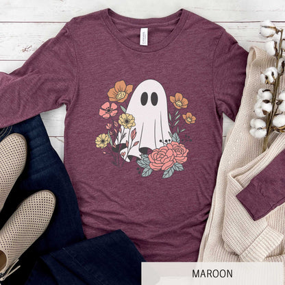 A long sleeve maroon triblend Bella Canvas t-shirt featuring a cartoon ghost with flowers around it.