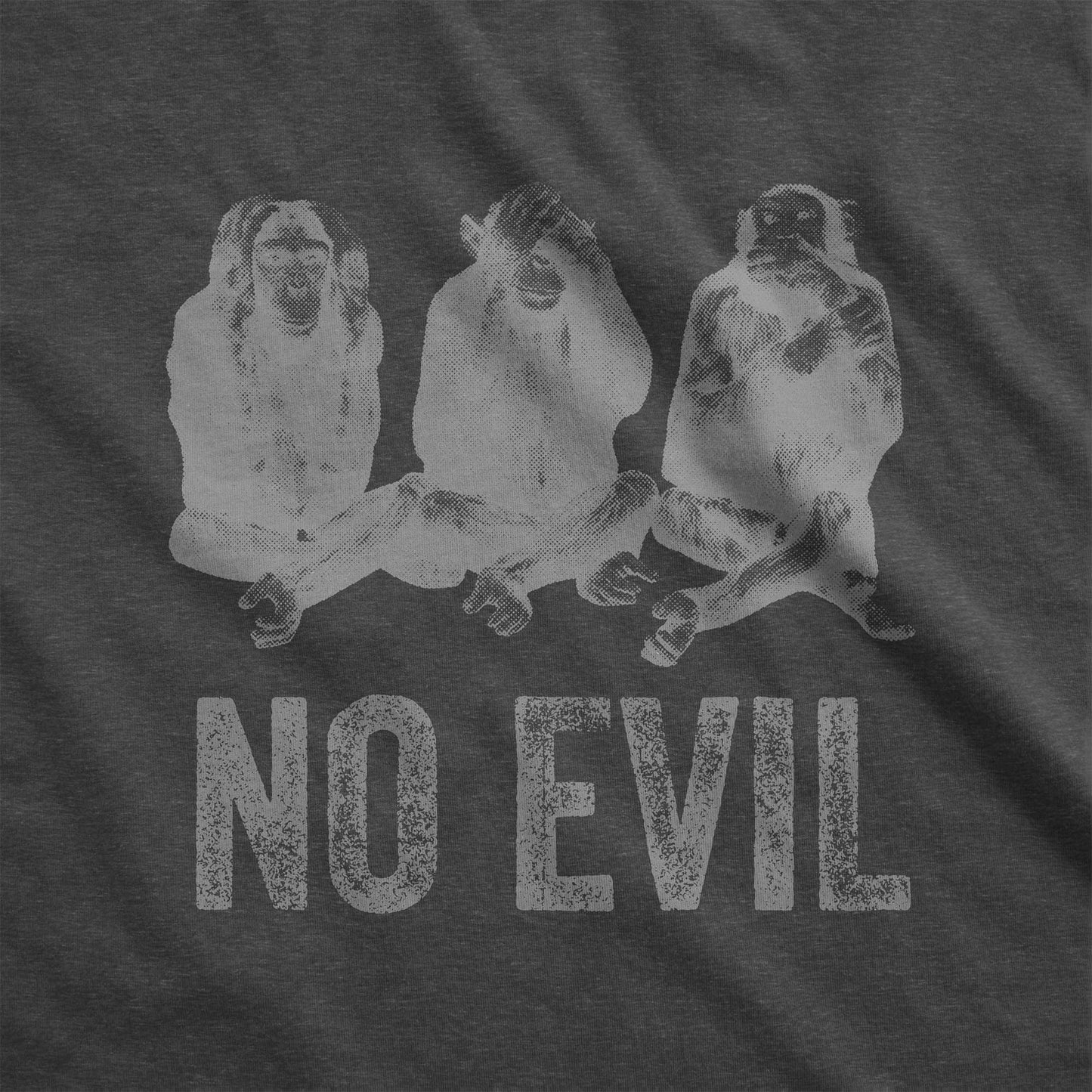 A dark grey heather Bella Canvas swatch featuring 3 wise monkeys and the words no evil.