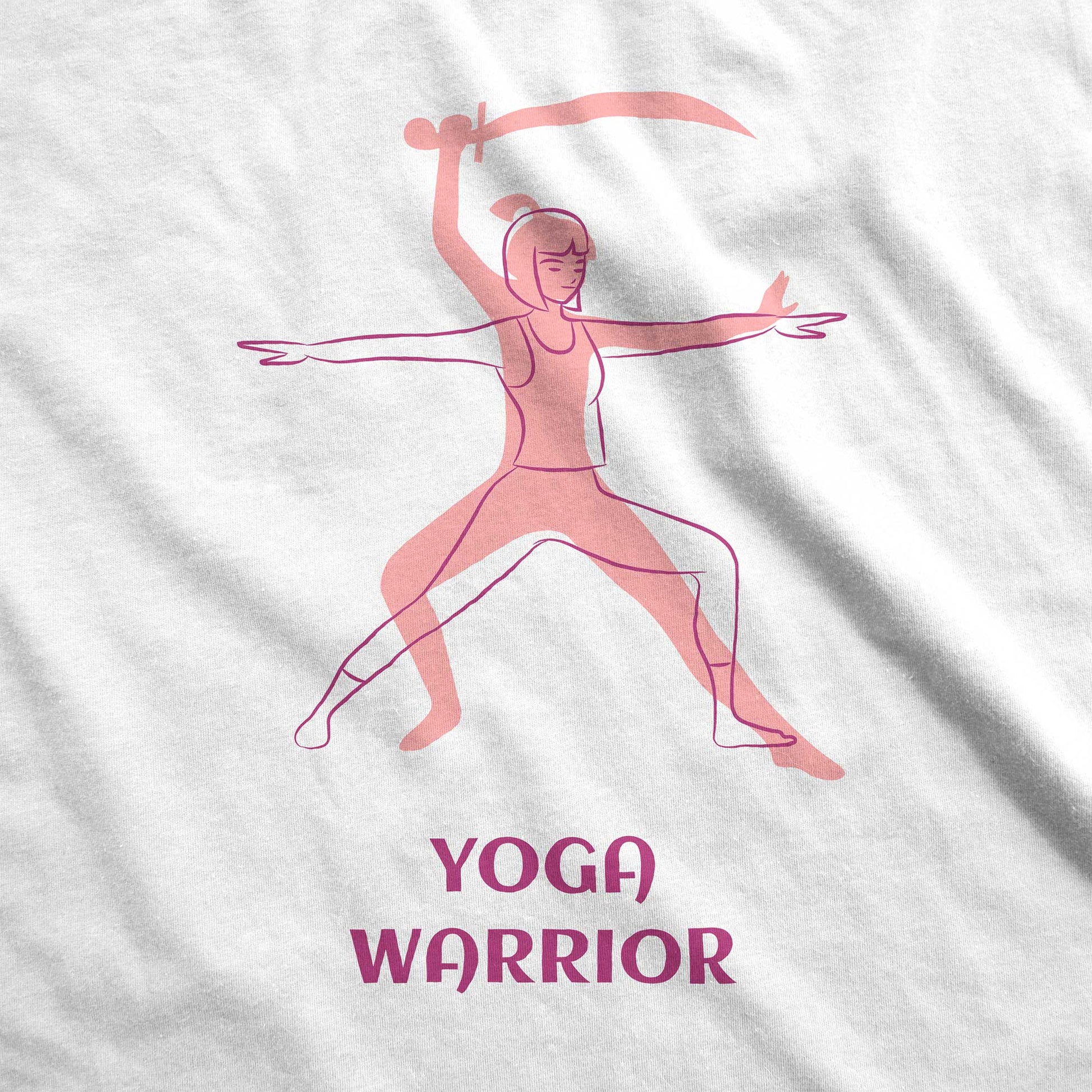 A white District fabric swatch featuring a silhouette of a woman in the warrior pose with the words yoga warrior below it.