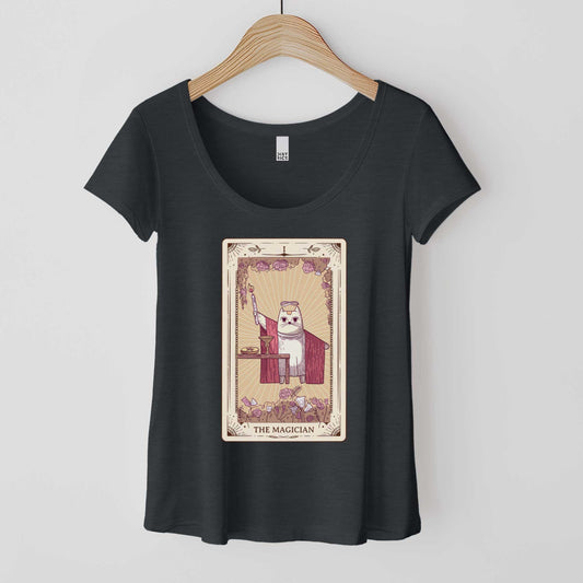 A hanging heathered charcoal District 7501 scoop neck t-shirt featuring the iconic Magician major arcane tarot card except reimagined as a cartoon cat.