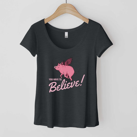 Believe Flying Pig - Women’s Flex Scoop Neck Tee