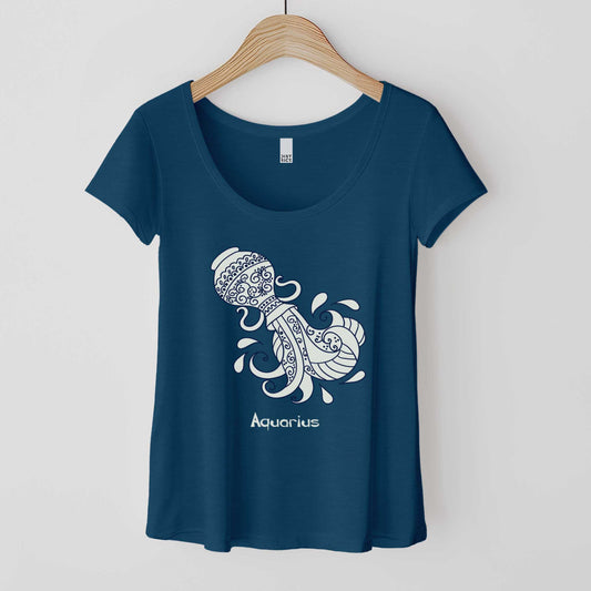 A hanging heathered neptune blue District 7501 scoop neck t-shirt featuring the zodiac symbol of Aquarius, a water jug, in a Mediterranean style.