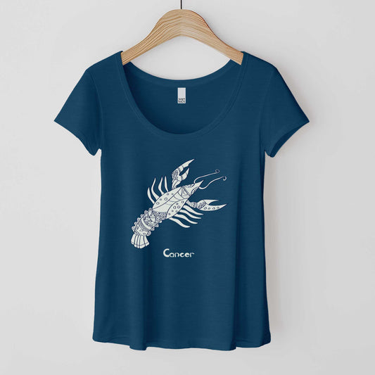 A hanging heathered neptune District 7501 scoop neck t-shirt featuring the zodiac symbol of Cancer, the crayfish, in a Mediterranean style.