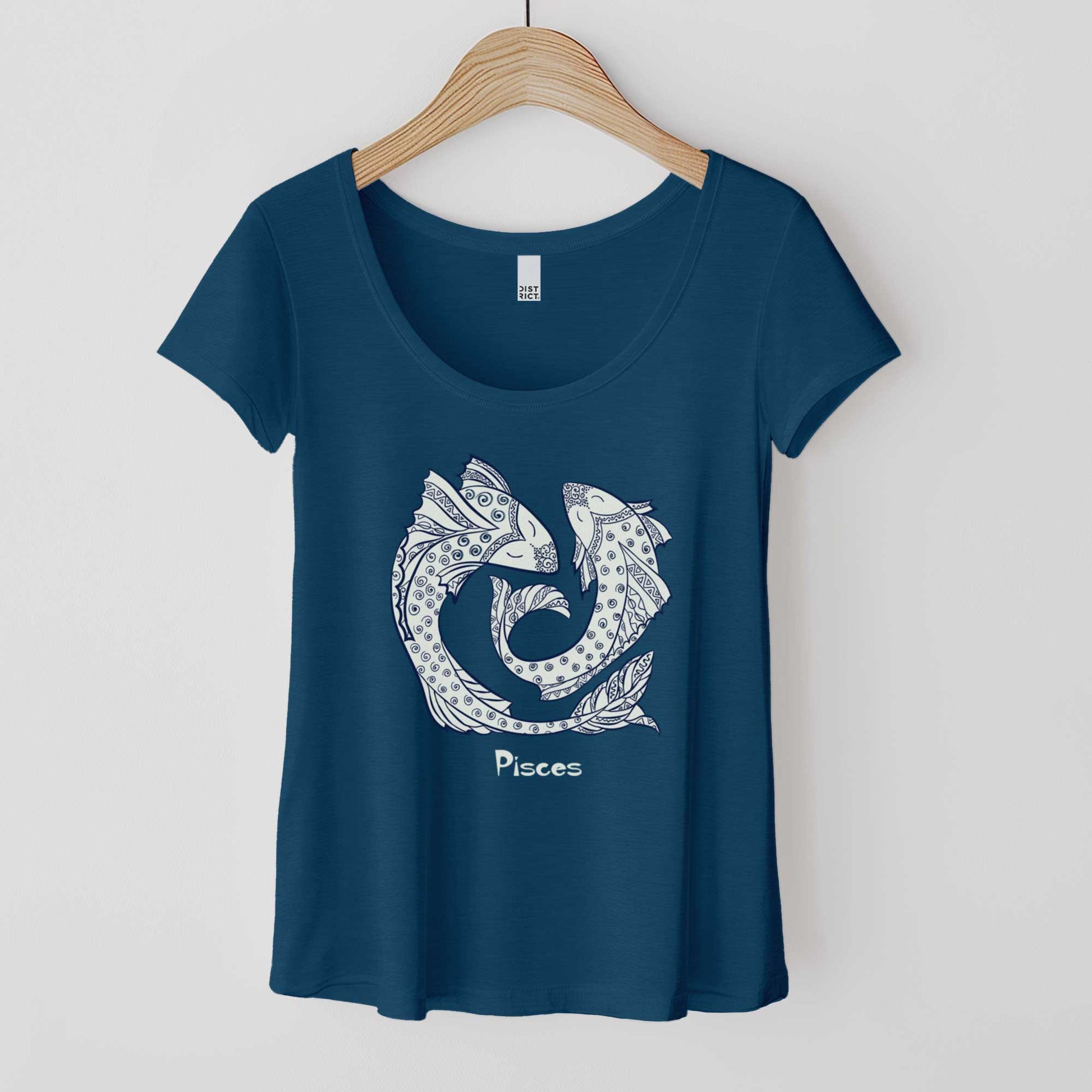 A hanging heathered neptune District 7501 scoop neck t-shirt featuring the zodiac symbol of Pisces, the fish, in a Mediterranean style.