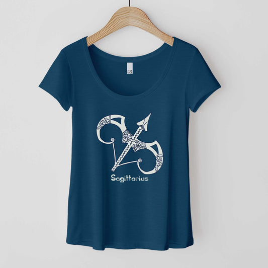 A hanging heathered neptune District 7501 scoop neck t-shirt featuring the zodiac symbol of Sagittarius, the bow and arrow, in a Mediterranean style.