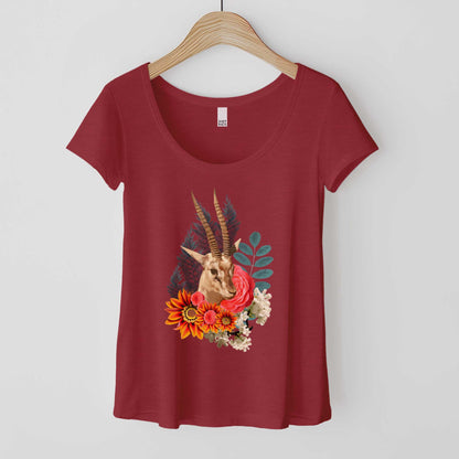 A hanging heathered red District 7501 scoop neck t-shirt featuring a photo collage of an antelope surrounded by flowers.