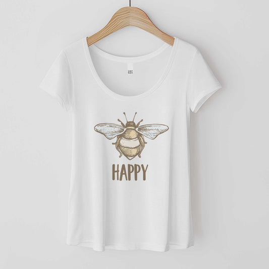 A white District 7501 scoop neck t-shirt featuring a vintage style illustration of a bee with soft muted colors of yellow, blue and brown.