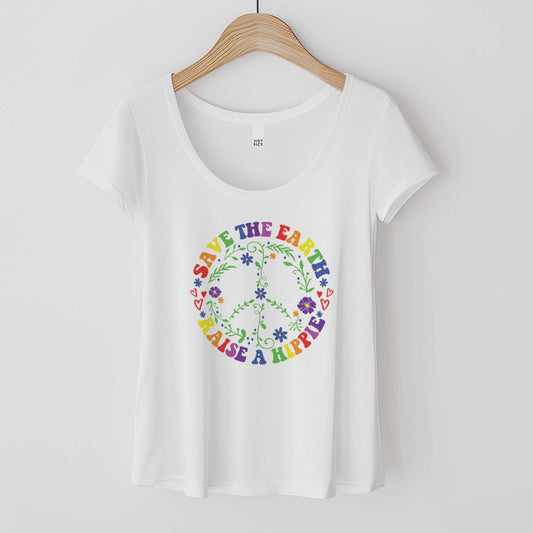 A hanging white District 7501 scoop neck t-shirt featuring a multi-colored peace sign made of flowers and the words save the earth raise a hippie.