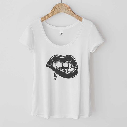 A hanging white District 7501 scoop neck t-shirt featuring a pair of female vampire lips biting down and drawing blood.