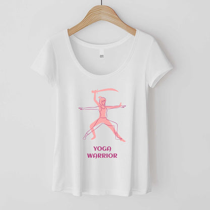 A hanging white District scoop neck tee featuring a silhouette of a woman in the warrior pose with the words yoga warrior below it.