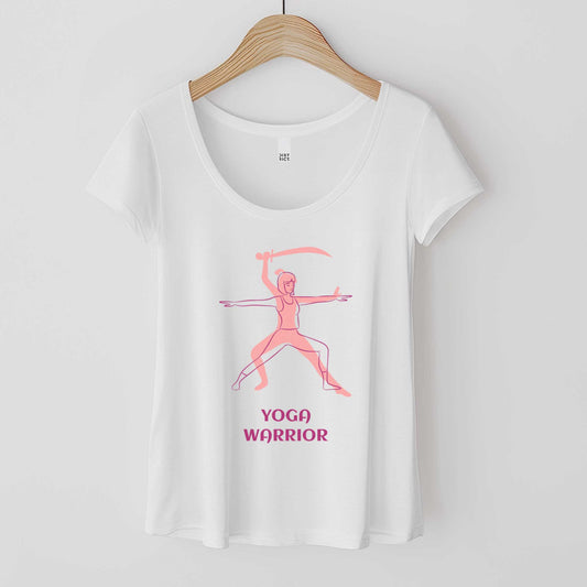 A hanging white District scoop neck tee featuring a silhouette of a woman in the warrior pose with the words yoga warrior below it.